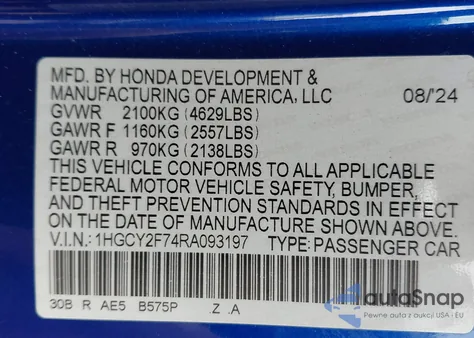2024 Honda Accord Sport-L z USA, uszkodzony, nr VIN 1HGCY2F74RA093197